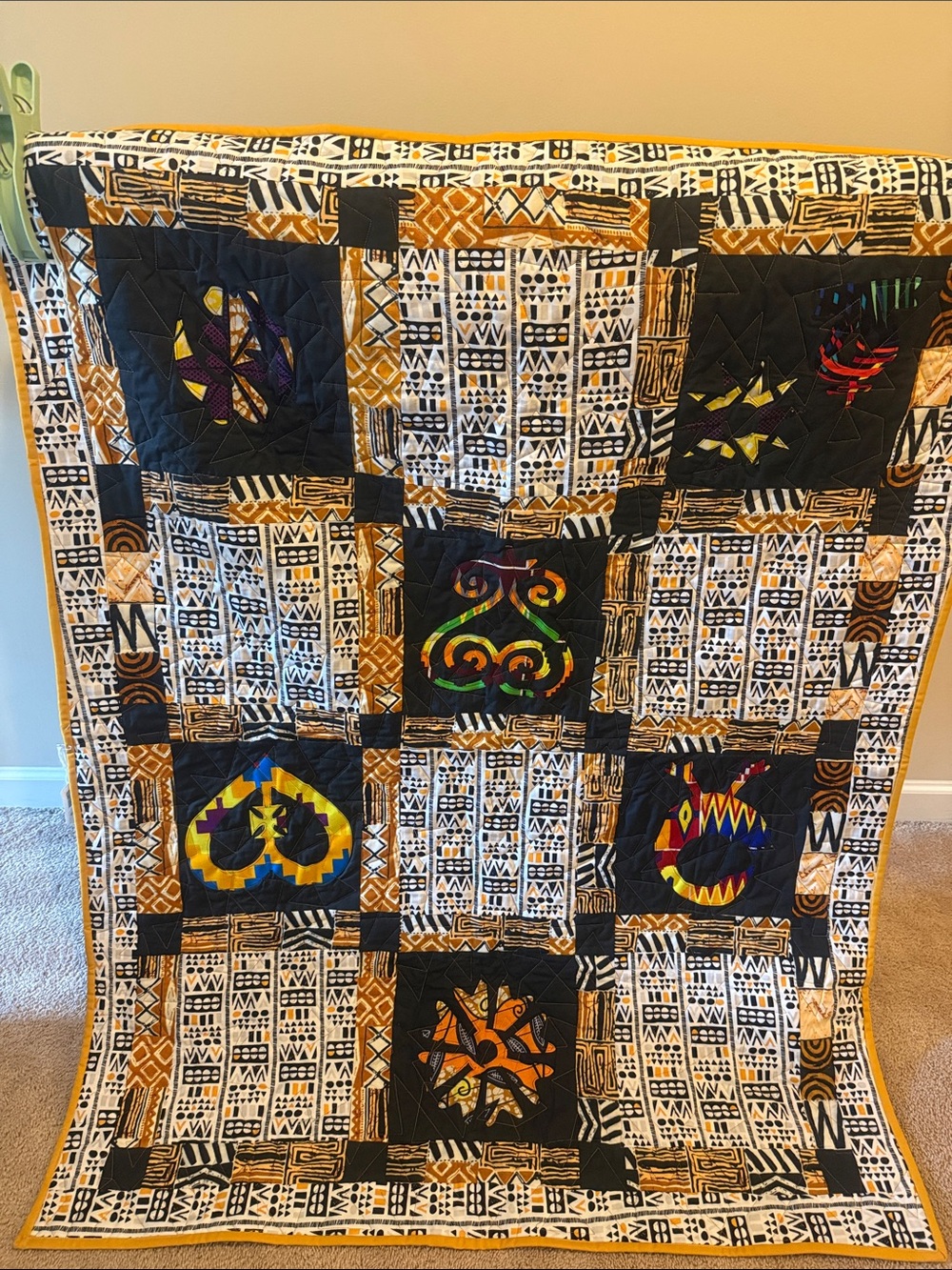 Handmade Multicolor African Adinkra symbols Wall Tapestry with Yellow Accents